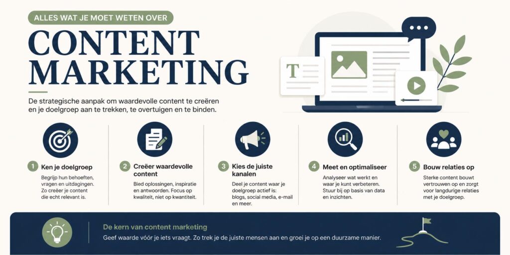 Infographic over de basisprincipes van content marketing: doelgroep, waarde en strategie